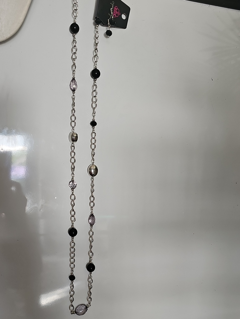 paparazzi Silver-Tone Chain Necklace with Black and Light Purple Beads